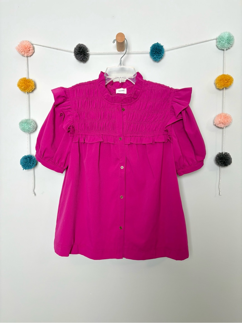 Aureum Pink Fuscia Ruffled Short Sleeve Button Up Blouse